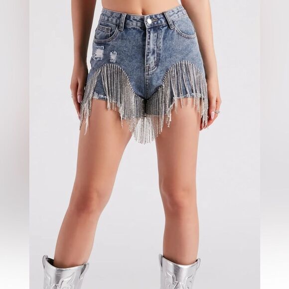 On The Fringe Rhinestone Denim Shorts - Picture 1 of 6